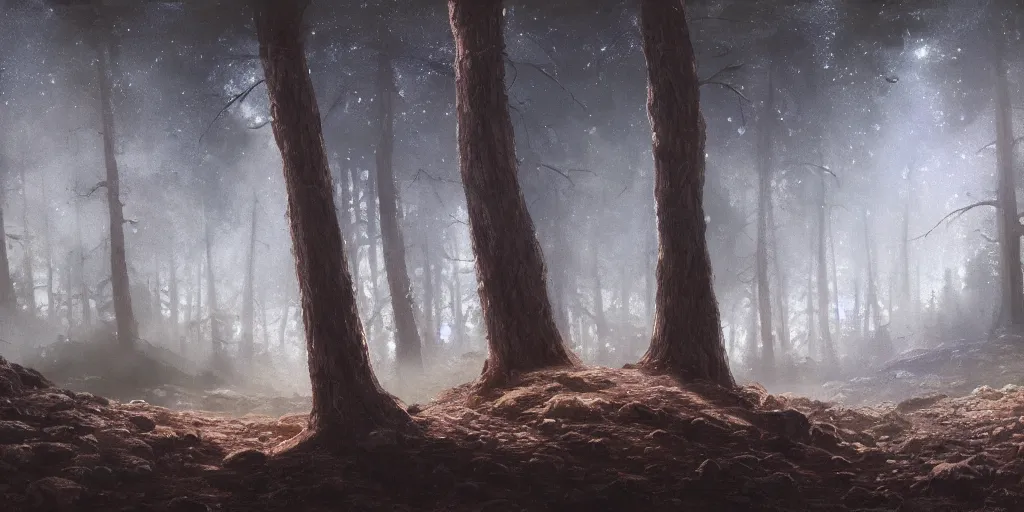 Image similar to A forest on the moon, cinematic lighting, detailed oil painting, hyperrealistic, 8k