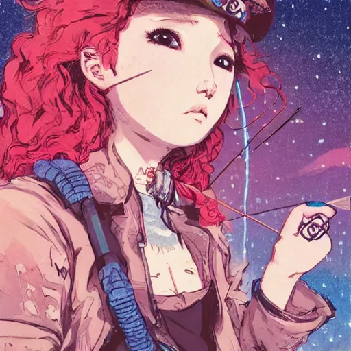 Image similar to close up, posing pointing with an arrow bow and shouting, a grungy cyberpunk anime, very cute, by super ss, curly pink hair, night sky by wlop, james jean, victo ngai, highly detailed