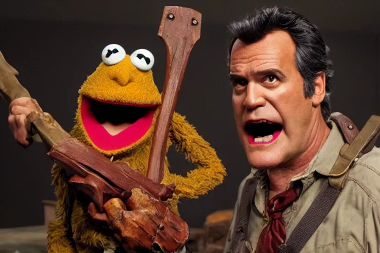 Prompt: Bruce Campbell as Ash in Evil Dead muppets