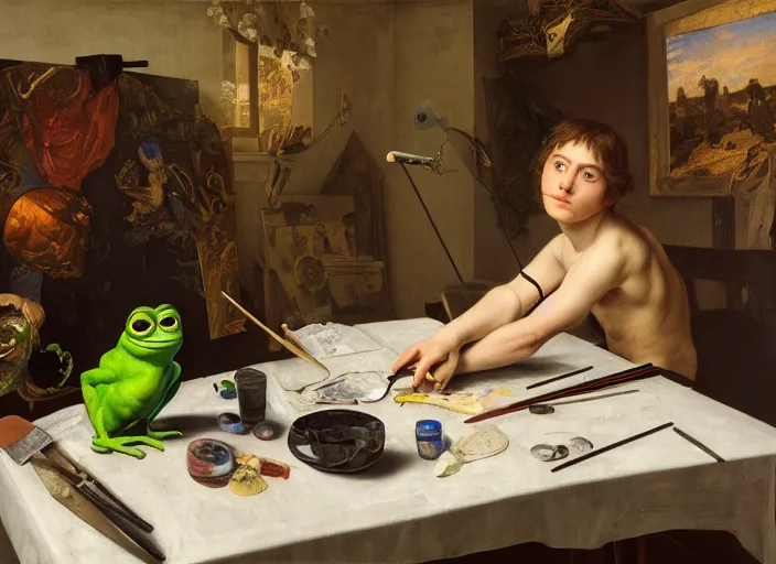 Image similar to a young painter in his studio painting a picture of pepe the frog, by edgar maxence and caravaggio and michael whelan and delacroix style, artistic, intricate drawing, cinematic lighting, hyper realistic, extremely detailed, establishing shot, 8 k resolution, dramatic lighting