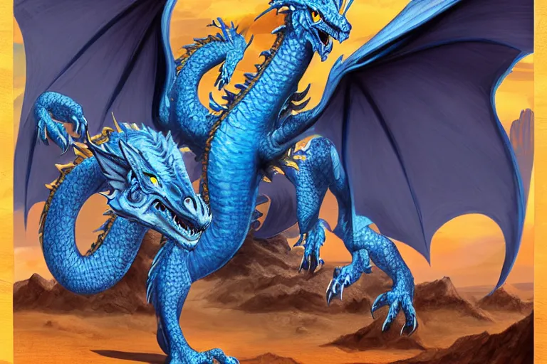 Prompt: huge blue dragon soaring over the desert | d&d | Steven Belledin