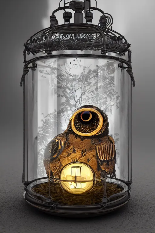 Prompt: glowing eyes steampunk owl inside a glass jar, gear vacuum tubes pocketwatch hourglass intricate detail, hyper detailed, ultra realistic, sharp focus, octane render, lantern, volumetric, ray tracing, artstation trending, moon, pocketwatch, cgsociety, swirling mist, magical, moon, 4 k