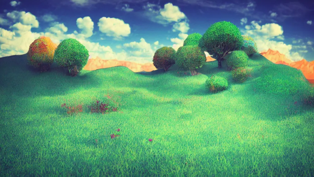 Image similar to beautiful landscape, surrealism, bright color pallet, low quality render