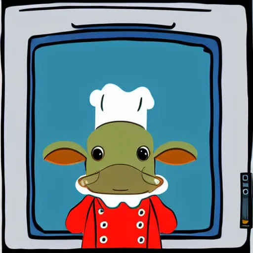 Image similar to cute platypus on a kitchen wearing a chef hat and holding a lasagna into an oven, digital art