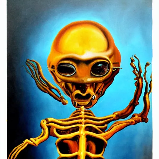 Image similar to painting of an alien spaceship made of flesh and exoskeleton, in the style of salvador dali