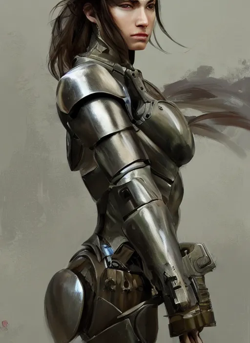 Prompt: a professional painting of a beautiful young female, clothed in military armor, olive skin, long dark hair, beautiful bone structure, symmetrical facial features, intricate, elegant, digital painting, concept art, smooth, sharp focus, illustration, from Metal Gear, by Ruan Jia and Mandy Jurgens and Artgerm and William-Adolphe Bouguerea