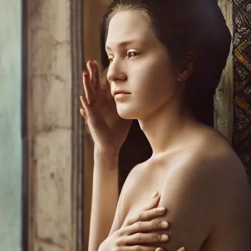 Image similar to portrait of a stunningly beautiful traditional female in soft light, depth of field, zeiss lens, detailed, symmetrical, centered, fashion photoshoot, by annie leibovitz and steve mccurry, david lazar, jimmy nelsson, breathtaking, 8 k resolution, extremely detailed, beautiful, establishing shot, artistic, hyperrealistic, beautiful face, octane render