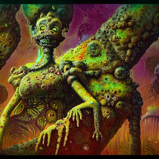 Prompt: highly evolved biomechanical phyrexian dreadnought pregnant borg queen hybrid dotted with lichens and fungal growth being possessed by the machine spirit, artists tram pararam and doctor seuss with beryl cook and jack kirby, high contrast cinematic light, mystical shadows, sharp focus, octane render