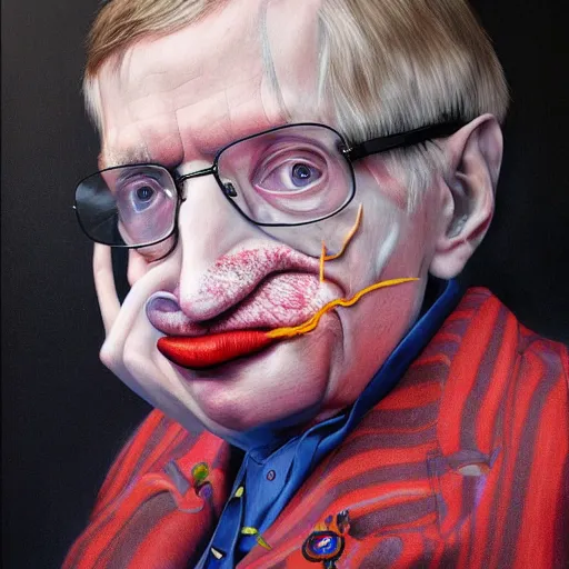 Prompt: UHD hyperrealism painting of Stephen Hawking wearing clown makeup, clown costume, correct clown face, correct clown makeup, by Antonio Caparo and Ferdinand Knab and Greg Rutkowski, UHD, photorealistic, trending on artstation, trending on deviantart, correct face, realistic clown makeup