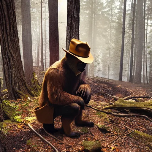 Prompt: UHD canndid photo of Smokey The Bear squatting on a commode in the woods, by Annie leibowitz, photorealisitc, extremely detailed