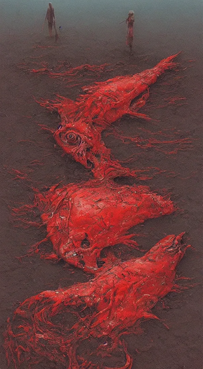 Image similar to dead river, dead fish, skull, poland, red color, highly detailed, 8 k, artstation, beutifull, masterpiece by beksinski