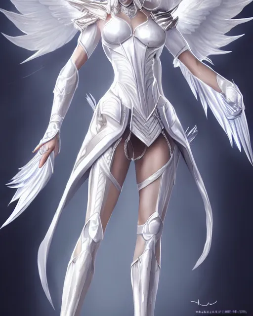 Image similar to perfect white haired egyptian goddess wearing white dove wings, warframe armor, regal, attractive, ornate, sultry, beautiful, ice queen, half asian, pretty face, blue eyes, detailed, scifi platform, 4 k, ultra realistic, epic lighting, android body, illuminated, cinematic, masterpiece, art by akihito tsukushi, voidstar