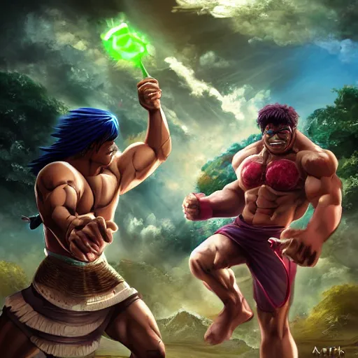 Image similar to epic anime battle between the king tut and the incredible hulk, digital art, game art, character design, trending on artstation, ultra realistic, ultra detailed