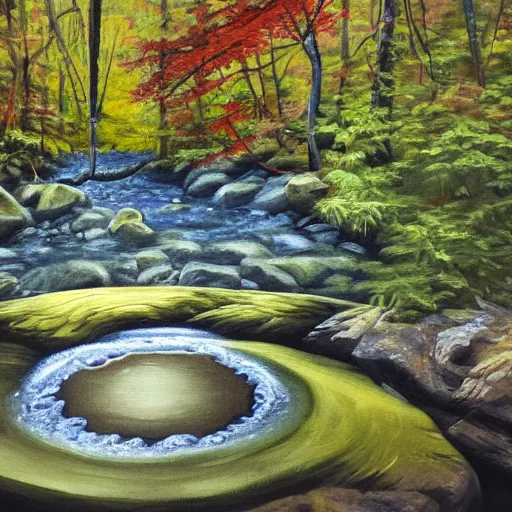 Prompt: a small eddy in a forest river, two maple leaves circle around on opposite sides at the edges of the whirlpool, midday, oil painting, beautiful