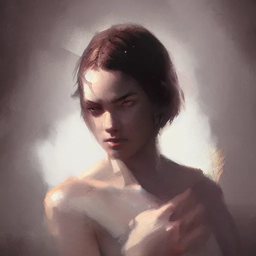 Image similar to a young woman dramatic lighting, chiaroscuro, high detail, painted by greg rutkowski, trending on artstation