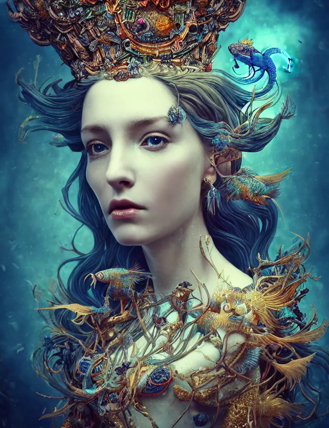 Image similar to blurred background. close-up portrait of a goddess in crown made of skulls. betta fish, phoenix, bioluminiscent creature, super intricate ornaments, by Anne Bachelier by Anka Zhuravleva, Anato Finnstark and Alena Aenami, Bruno Walpoth. unreal engine