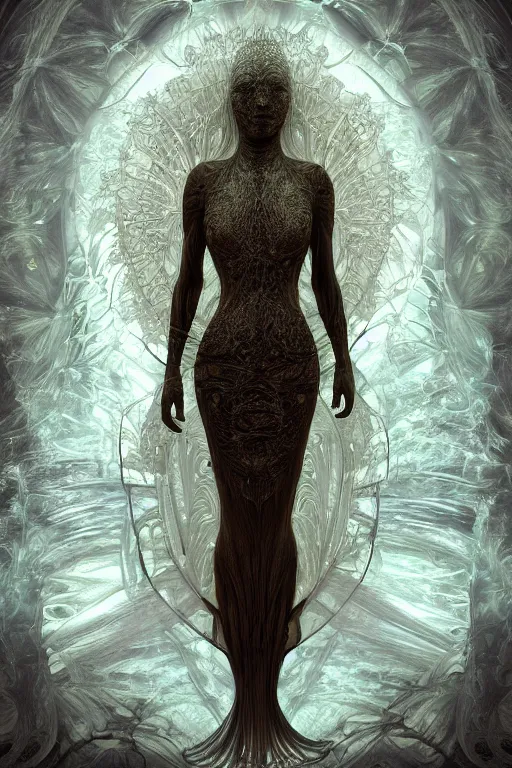 Image similar to a realistic moody photo of a beautiful ancient alien woman goddess kate moss angel standing in iris van herpen dress jewelery and fractals in style of alphonse mucha art nuvo dmt trending on artstation made in unreal engine 4