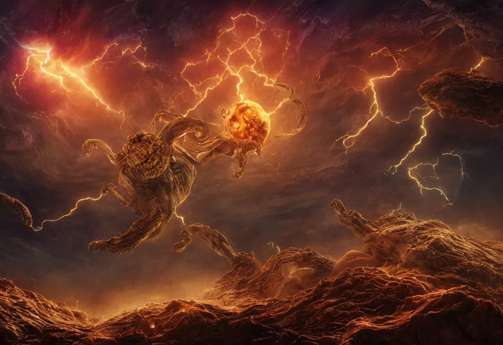 Prompt: eldritch horror bloody garfield in space, hd, 8 k, giant, epic, realistic photo, unreal engine, stars, prophecy, powerful, cinematic lighting, destroyed planet, debris, violent, sinister, ray tracing, dynamic, epic composition, dark, horrific, teeth, grotesque, monochrome drawing, hellscape, death, corpses, foreboding, lightning