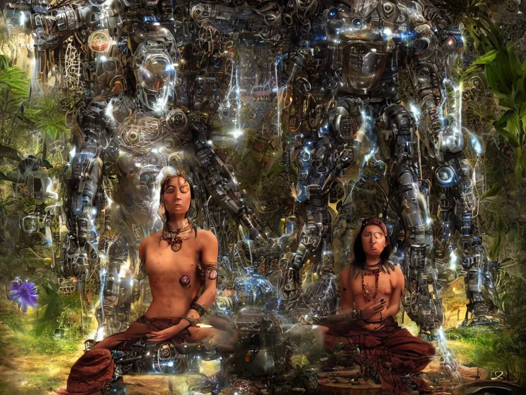 Prompt: an ancient mystical female shaman meditating in a cybernetic robot temple