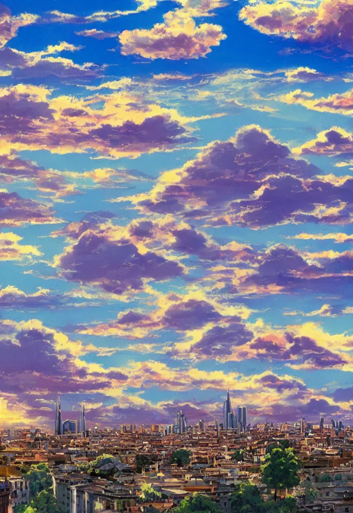 Image similar to madrid city, detailed clouds, sunbeams, heavenly color scheme, studio ghibli scheme
