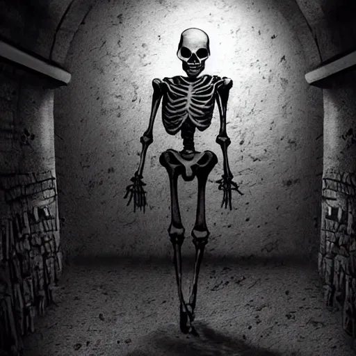 Prompt: An evil skeleton in a haunted tomb. Dark Fantasy. Dungeon and Dragons. Film Noir. Black and White.