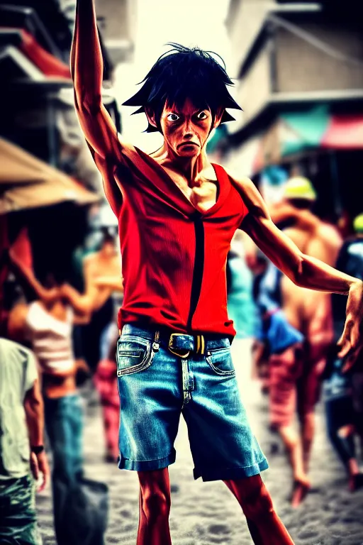 Image similar to pictufe of real life monkey d luffy, hyperdetailed, hyperrealism, vogue photo style, proportional, dynamic composition, face features, comfort posse, smooth, sharp focus, body features, ultra realistic, award winning photo, nikon d 8 5 0, 4 5. 7 mplens, 4 k, full body