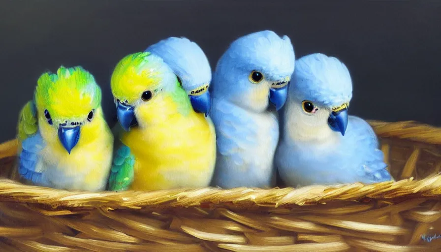 Image similar to highly detailed painting of cute baby budgies cuddling up in a basket by william turner, thick brush strokes and visible paint layers, 4 k resolution, blue and white colour scheme