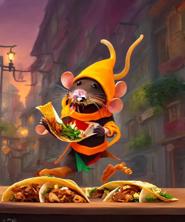 Prompt: an rat ninja eating tacos!, ninja outfit, restaurant in background, in the style of pixar, adorable and whimsical, fantasy, elegant, digital painting, artstation, unreal engine, octane render, concept art, matte, sharp focus, vibrant colors, high contrast, illustration, art by justin gerard
