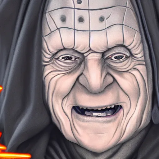 Image similar to portrait of Emperor Palpatine, Orange eyes, circles under the eyes, laughing, photorealism, 4k, super detail, Star Wars movie Style