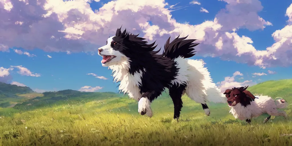 Image similar to border collie chasing sheep on feld. nime key visual of luffy studio lit directed gaze, trending on pixiv fanbox, painted by greg rutkowski makoto shinkai takashi takeuchi studio ghibli