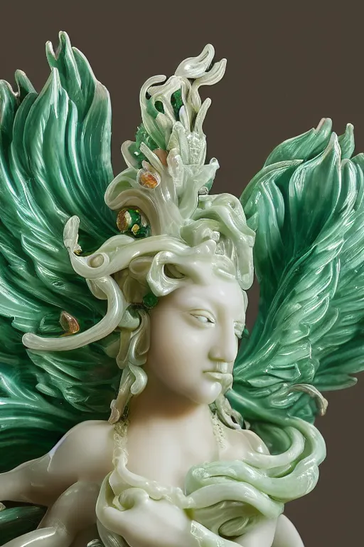 Image similar to a closeup photo, rococo alabaster and jade real delicate ceramic porcelain sculpture of an ornate detailed phoenix goddess in front of an intricate background by rafael, micro detail, backlit lighting, subsurface scattering, translucent, thin porcelain, emerald, jade, octane renderer, colorful, physically based rendering, trending on cgsociety