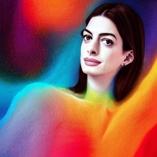 Prompt: surreal Anne Hathaway covered in chromatic distortions standing in mysterious place, beautiful, pscychodelic, trending on artstation, artwork by Hughes, Edward Robert