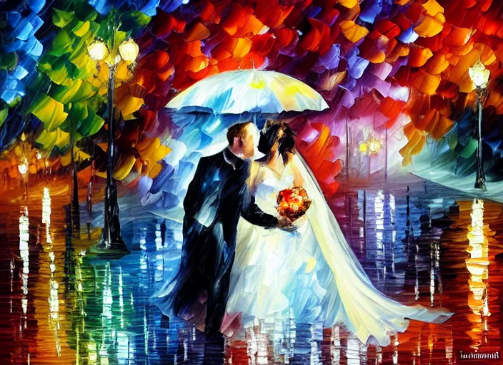 Image similar to A romantic wedding couple with umbrella, groom , bride, painting by Leonid Afremov