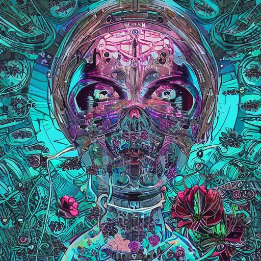 Image similar to the cyborg priestess surrounded by mechanical flowers, Dan Mumford