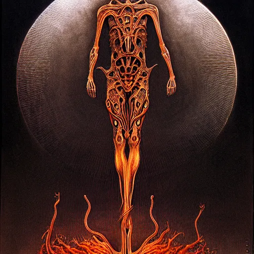 Image similar to symmetrical tarot card, the biomechanical elder god, Zdzisław Beksiński art, figure silhouetted by burning sun, detailed, intricate, elegant, cgsociety, haunting, luxurious, ominous, matte painting, cinematic, Yoshitaka Amano, horizontally symmetrical, Wayne Barlowe