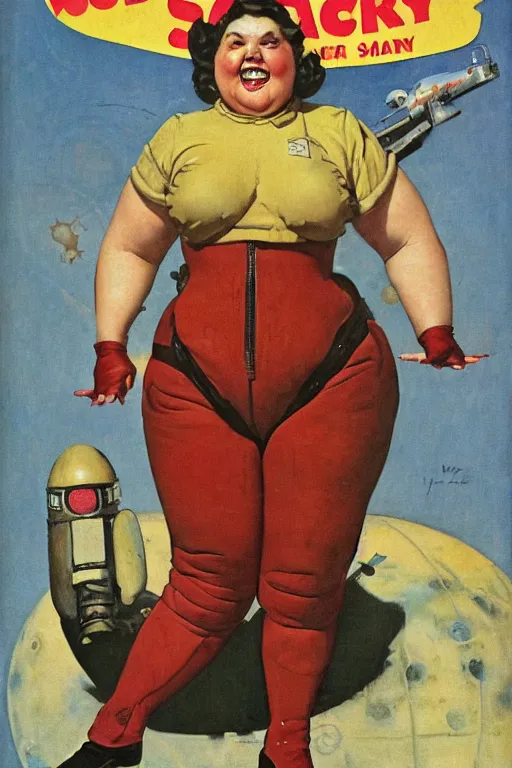 Image similar to 5 0 s pulp scifi fantasy illustration full body portrait cheerful obese woman in leather spacesuit on mars, by norman rockwell, roberto ferri, daniel gerhartz, edd cartier, jack kirby, howard v brown, ruan jia, tom lovell, frank r paul, jacob collins, dean cornwell, astounding stories, amazing, fantasy, other worlds