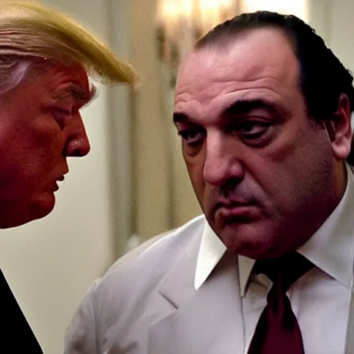 Image similar to tony soprano telling donald trump he is in trouble with the boss. highly detailed movie still