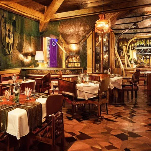 Image similar to architectural digest photo, inside a highly themed restaurant based on the lord of the rings