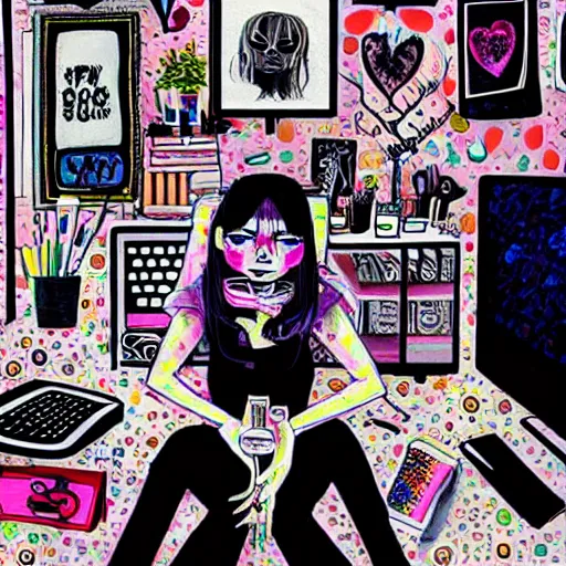 Image similar to goth guy sitting at computer in cluttered room, by harumi hironaka, aesthetic!!!,