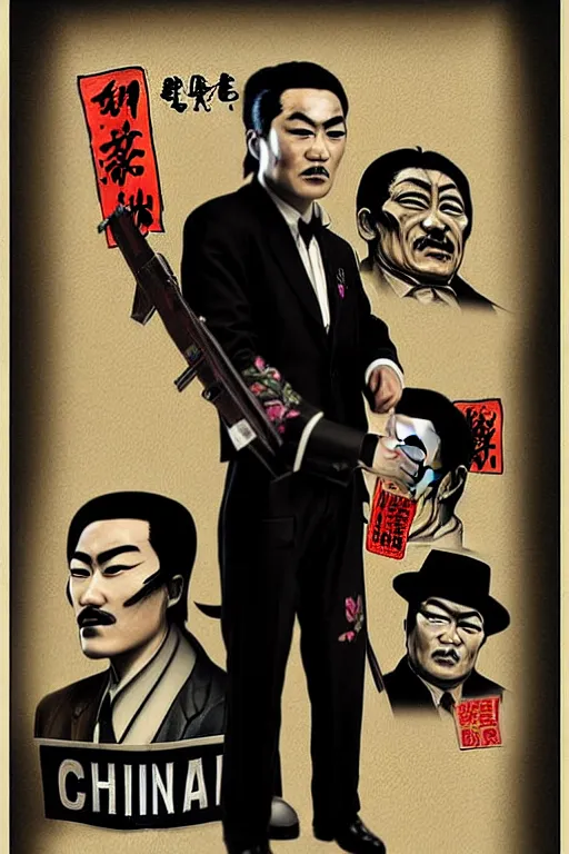 Image similar to chinnese mafia, with black suit, some of them have myth china tatto. digital art, concept art, pop art, bioshock art style, accurate, detailed, gta chinatown art style, dynamic, face features, body features, ultra realistic, smooth, sharp focus, art by richard hamilton and mimmo rottela