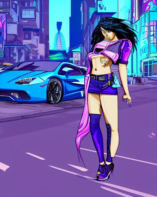 Image similar to cel shaded art of a pretty blue haired girl standing next to a purple lamborghinil, jet grind radio graphics, cyberpunk city street background