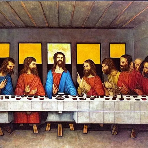 Prompt: The last supper artwork by Piet Mondrian