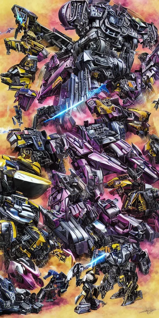 Prompt: decepticon and autobots battle, tribal leg tattoo!!!!!, transformers, skywrap, soundwave, star scream, blitzwing, sunstreaker, sideswipe, intricate, cybertron, cyber punk, lazer blast, sharp, high detailed, high contrast, 1 st winner, trending, polkadot!!! grunge!!!