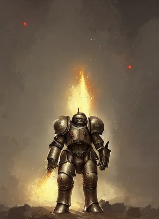 Prompt: medieval knight power armour, concept art, space marine, medieval, sword, highly detailed, cinematic lighting, flames, digital art painting by greg rutkowski