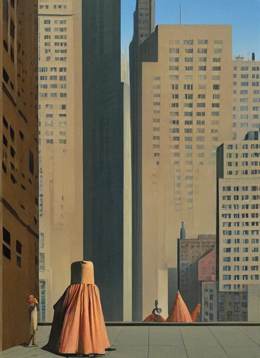 Prompt: woman dressed in paper bags, paper bags over the head on megapolis street, tall buildings, Edward Hopper and James Gilleard, Zdzislaw Beksinski, highly detailed