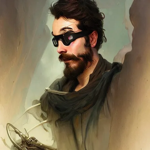 Prompt: an inventor, goggles on forehead, thin beard, messy black hair, d & d, fantasy, intricate, cinematic lighting, highly detailed, digital painting, artstation, concept art, smooth, sharp focus, illustration, art by artgerm and greg rutkowski and alphonse mucha