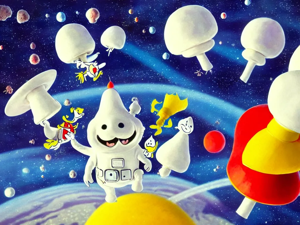 Image similar to moomins in space suits flying around with jetpacks discovering the mushroom planet, looking cute, photorealistic painting, movie still, cgi, warm colors, fluffy, cozy, dreamy, low light