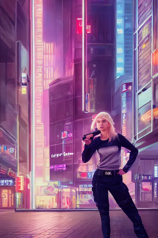 Image similar to blonde haired female lady wearing tech wear with a gun holster looking at a bank in a cyberpunk city full of high rise buildings and neon signs by Daniel F. Gerhartz, hyperrealistic oil painting, 4k, very detailed faces, studio lightning, hard focus, beautiful volumetric lighting, epic light, ultra detailed