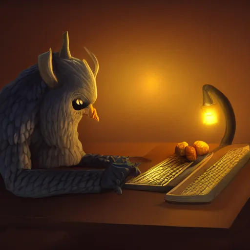 Prompt: anthropomorphic corn cob typing on his laptop in a dark room, face illuminated, hyperrealistic, artstation, 8 k, concept art, very detailed, hd, digital painting, dramatic lighting