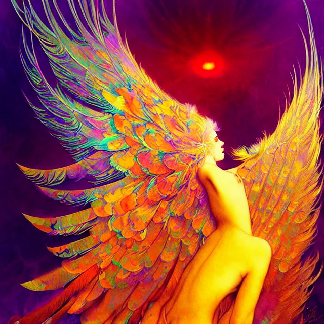 Image similar to psychedelic transcendent feather mind bending psychedelic wings of glossy liquid honey flowing like kaleidoscopic translucent holograph, lsd feathers, feathery fluff, enlightenment, high contrast dappled lighting, refracted sunset, highly detailed, concept art, art by collier, albert aublet, krenz cushart, artem demura, alphonse mucha